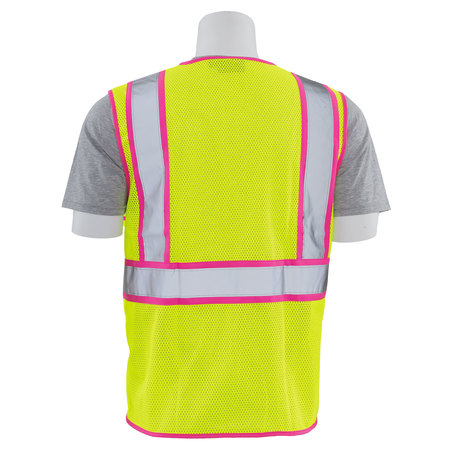 Erb Safety Safety Vest, Unisex, Mesh, Class 2, S730, Hi-Viz Lime w/Pink Trim, LG 63323